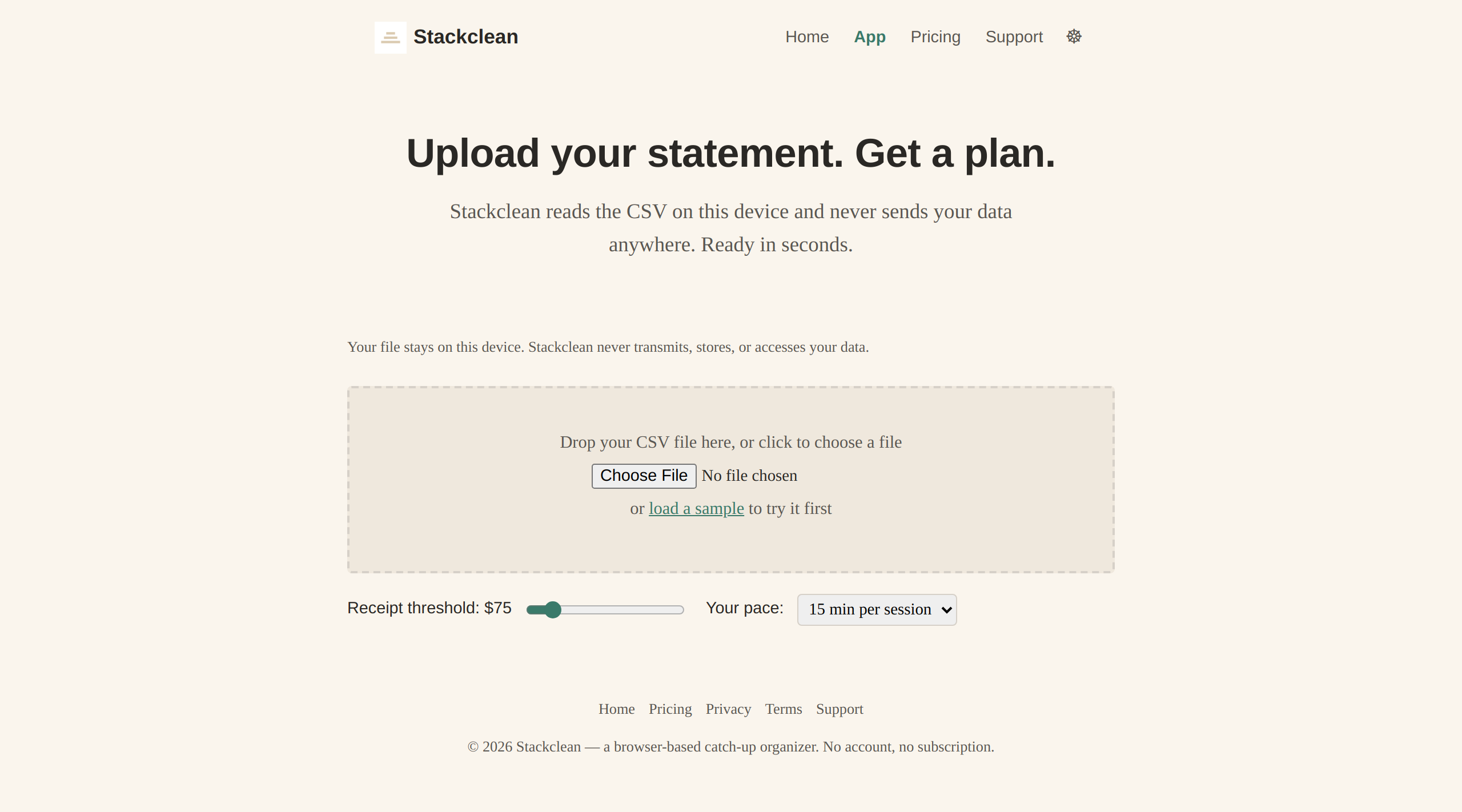 Screenshot of the Stackclean app showing the CSV upload area with a dashed drop zone, receipt threshold slider set to $75, and pace selector set to 15-minute sessions.